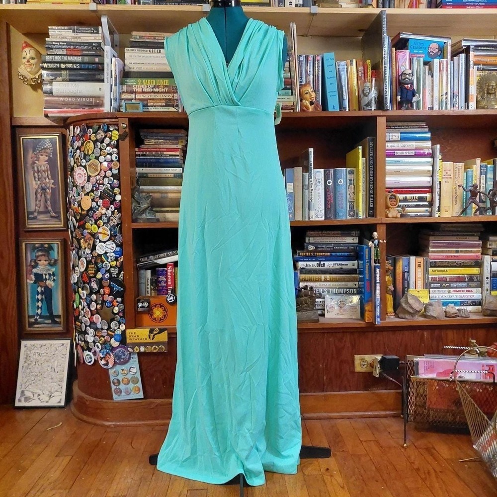 Vintage 70s Seafoam Green Maxi Dress Sleeveless Empire Waist Union Made NWT 13 - Picture 1 of 8